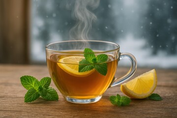 Hot Lemon Mint Tea in Winter Setting