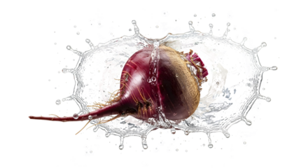 Fresh vegetables, including a red onion and a brown shallot, splashing in water, isolated on a transparent background with a dynamic splash effect.