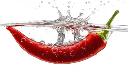 Fresh red chili pepper splashing in water with a dynamic splash effect, isolated on transparent background.