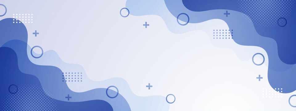 Blue wave geometric shapes pluses circles and squares adorn the background