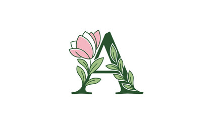 Elegant letter A logo design with a delicate pink flower and green leaves