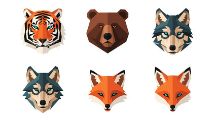 Obraz premium A collection of six geometric animal head illustrations including a tiger, bear, wolves, and foxes, depicted in a modern low-poly art style.
