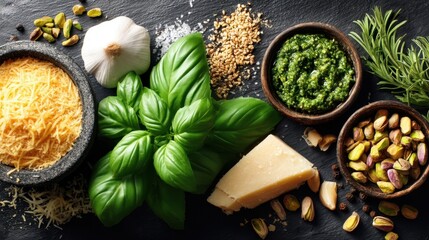 Fresh ingredients are placed on a dark surface. There is basil garlic cheese nuts and a bowl of green sauce. These are used for preparing pesto sauce in the kitchen.