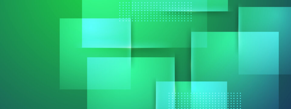 Abstract background features overlapping squares on a gradient background teal green