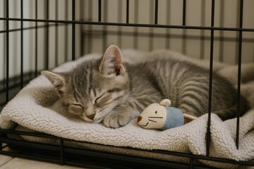 Sleeping Kitten in Crate with Toy Mouse