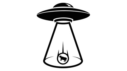 Iconic black and white illustration of a UFO abducting a cow with a tractor beam © n_laeli
