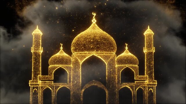 A luxurious sequence of a mosque forming from the fusion of dark velvety smoke and shimmering 24K gold dust.
