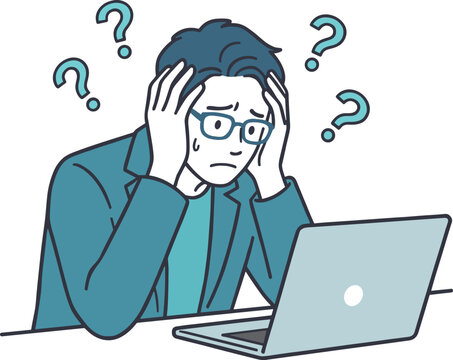 パソコン作業で考え込む男性のビジネスイラスト_課題・問題・検討シーン