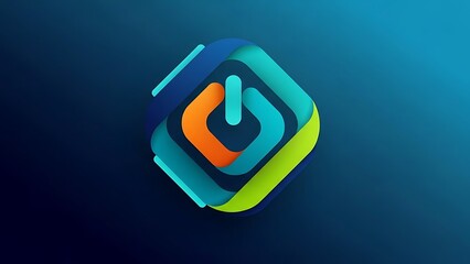 A vibrant power button icon centrally positioned within a series of layered, colorful, rounded square shapes on a deep blue background.