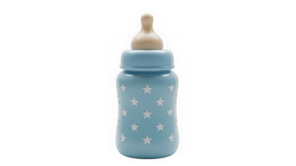 Baby bottle with blue star pattern isolated on transparent background