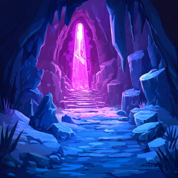 Blue and purple cave interior, glowing pink light illuminates a distant archway, watery path, and jagged rock formations
