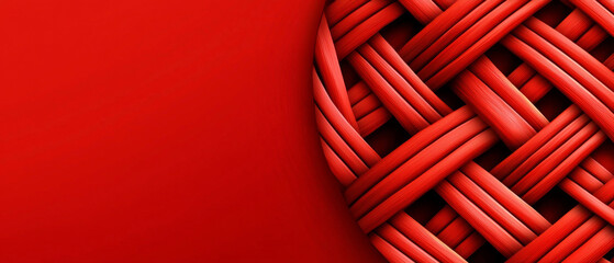 Bold red background with a textured, interwoven red strand pattern on the right side, creating a modern, abstract, basket-weave design