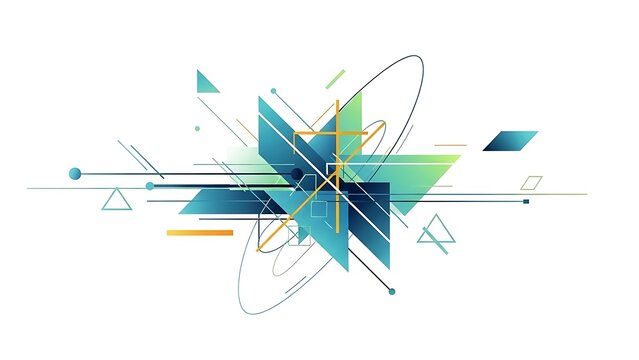 A complex and vibrant abstract composition features an explosive cluster of geometric shapes, lines, and transparency in striking shades of blue, green, and orange. - Powered by Adobe