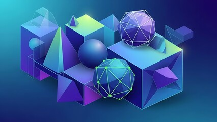 A striking composition of glowing three-dimensional geometric shapes, including cubes, spheres, and polyhedrons, in purple and blue gradients.