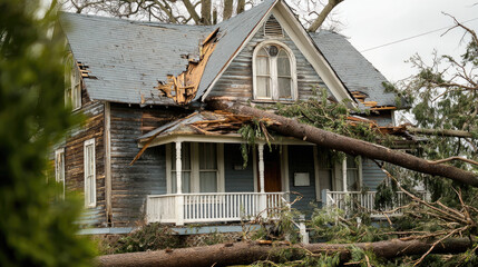 Tree falls on a house roof during storm concept. A damaged house after a storm, showcasing destruction and nature's fury.