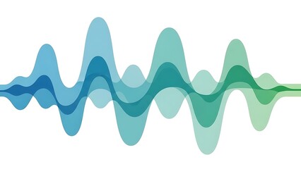A dynamic sound wave visualization with overlapping blue and green gradient curves against a white background.