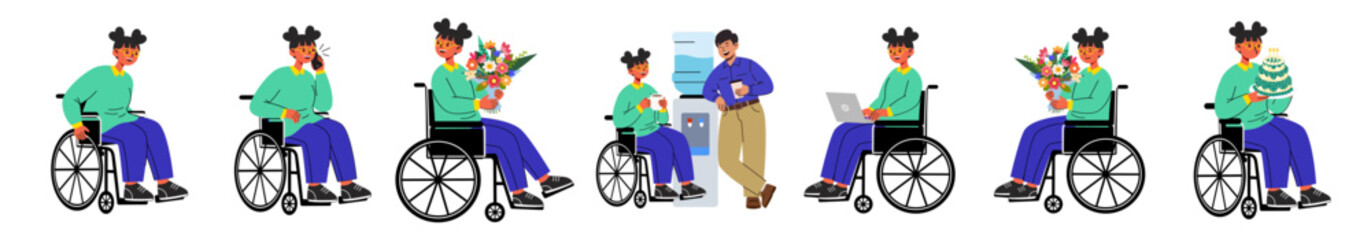 Collection of Flat Illustrations Featuring a Woman in a Wheelchair Engaging in Daily Activities