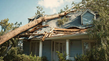 Tree falls on a house roof during storm concept. A damaged house after a storm, showcasing severe roof destruction.