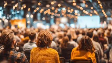 A large audience attentively listens to a speaker at a convention or conference.