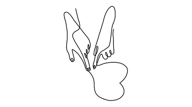 Continuous line animation of two hands draw heart shape