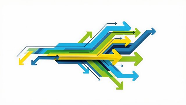 A complex network of colorful, interconnected arrows moving in various directions, representing data flow, complex systems, and strategic pathways. - Powered by Adobe