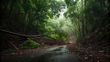 Path in the forest with village landslide road concept. A misty landscape with fallen trees along an empty, winding road.