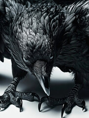 Close-up of a menacing raven with gleaming eyes, intricate dark feathers, and sharp talons poised on a white surface