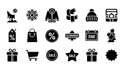 Collection of black silhouette icons representing winter season, holiday sales, and shopping elements.