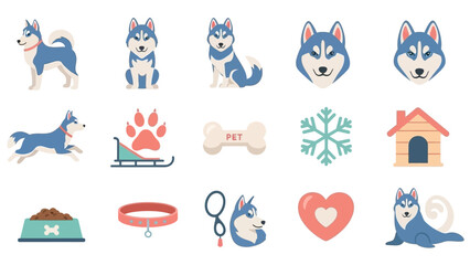Collection of cute Siberian Husky dog illustrations and pet care icons. © Melin