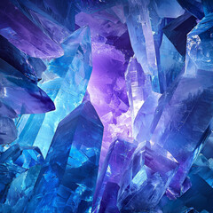 Close-up of sparkling blue and purple crystalline structures, a luminous abstract geological formation with jagged, translucent facets
