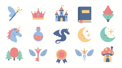 A collection of colorful flat design fantasy and fairy tale icons including a castle, unicorn, dragon, magic wand, crown, book, potion, moons, trees, and a mushroom house. © Melin