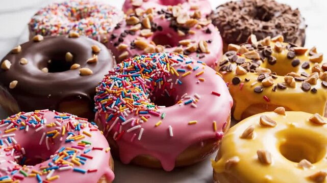 Assorted donuts with colorful sprinkles, chocolate frosting, and nuts on a white surface.