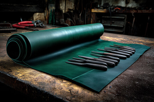Green leather roll with sharp metal tools on workbench in workshop - Powered by Adobe