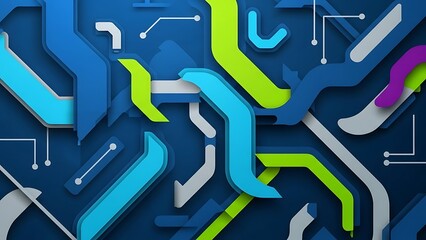 A dynamic and colorful abstract background pattern resembling an intricate circuit board or futuristic pathways with various interlocking geometric shapes in blue, green, and grey.