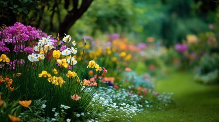 Fototapeta premium A beautifully vibrant summer garden filled with a diverse array of colorful blooming flowers. The lush greenery and vibrant hues create a picturesque and serene outdoor scene.