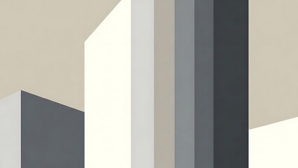An abstract minimalist composition featuring various geometric building blocks and architectural forms in a soothing gradient of grey and beige tones.