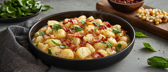 Creamy potato dish with crispy bacon bits, fresh green herbs, and black pepper, steaming in a dark bowl
