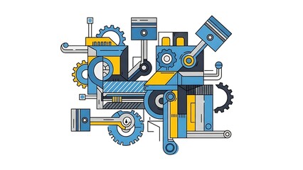 An intricate abstract illustration of mechanical components like gears, pistons, and rods, presented in a blue, yellow, and grey color scheme.