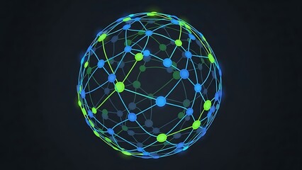 A compelling abstract representation of a global network sphere, illuminated by glowing blue and green dots and lines.