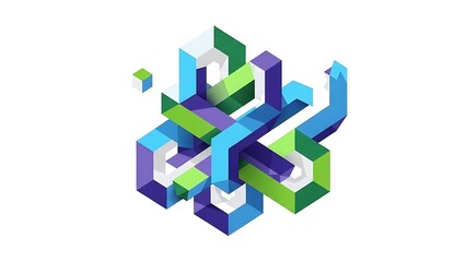 A vibrant isometric abstract geometric structure composed of interlocking blue, green, and purple cubes and blocks creating a complex three-dimensional design.
