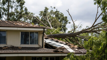 Tree falls on a house roof during storm concept. Damage to a house caused by a fallen tree after a storm.
