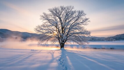Majestic bare tree covered in frost and snow in a serene winter landscape with a soft sunrise glowing behind, casting long shadows on the snowy ground.