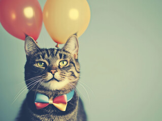 Dapper tabby cat in colorful bow tie, with red and yellow balloons against a soft blue wall