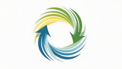 A vibrant abstract symbol with blue and green arrows swirling in a continuous circular motion on a light background.