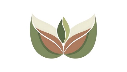 A symmetrical abstract logo designed with overlapping earthy-toned leaf or petal shapes on a clean white background.