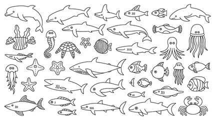 Obraz premium Collection of Black Line Art Illustrations Featuring Sea Creatures
