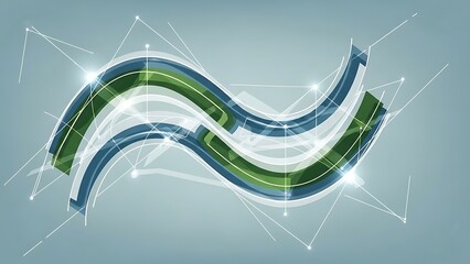 An abstract composition features intertwining wavy geometric lines with glowing network connection points, creating a dynamic technological backdrop.