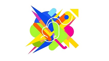 A vibrant and chaotic abstract composition combines various colorful geometric shapes and lines with prominent white outlines on a clean white background.