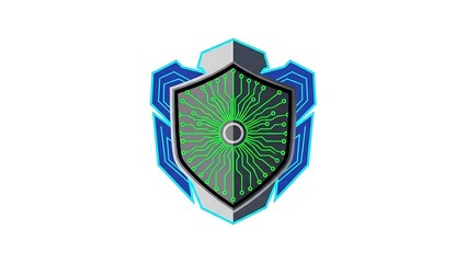 A striking digital shield icon features a green circuit board pattern against a blue and grey technological background, symbolizing robust cybersecurity.