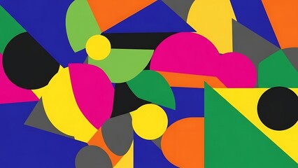 A vibrant and colorful abstract pattern composed of diverse geometric shapes including circles, triangles, and semi-circles arranged in a dynamic composition.